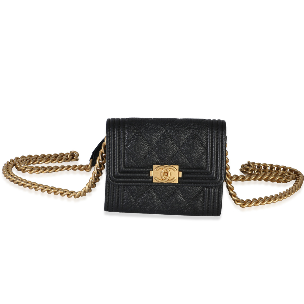 Chanel Black Quilted Caviar Boy Card Holder On Chain